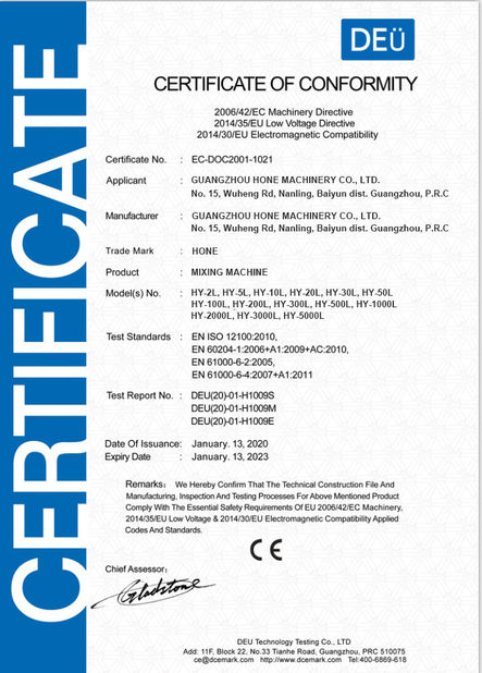 중국 Guangzhou Hone Machinery Co., Ltd. 인증